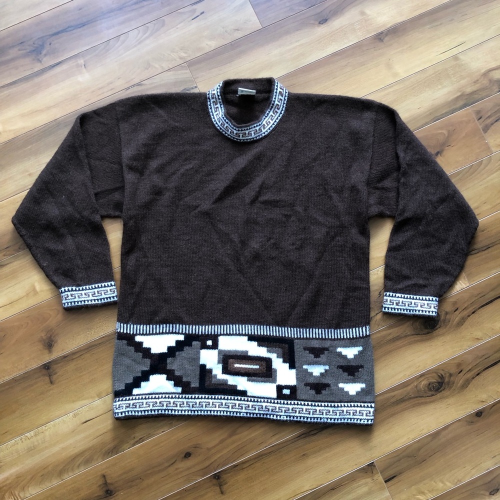 Alpaca Wool Brown Geometric Women's Sweater Handmade